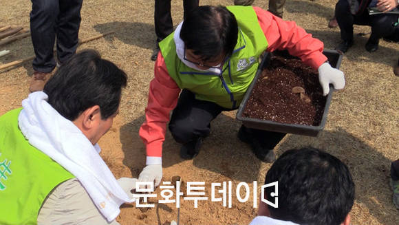 정세균 의원과 이동필 농림부 장관이 감자모종을 심고 있다.