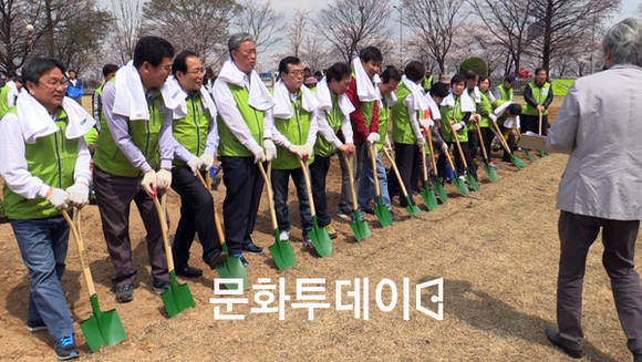 국회의원들이 국회 잔디를 걷어내고 있다.