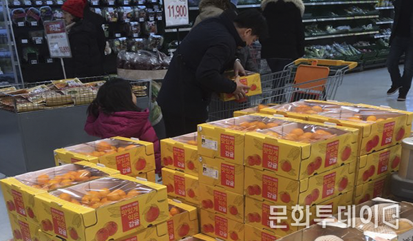 8일 부천역 이마트에서 가족이 감귤을 구매하고 있다.