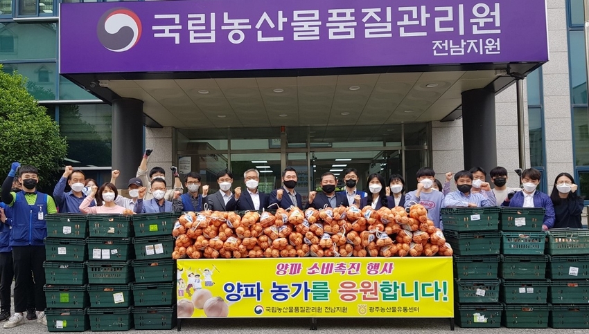 농관원 전남지원과 NH농협 광주농산물유통센터가 9일 양파소비촉진 행사를 열어 코로나19와 농자재가격 인상 등 어려움을 겪고있는 재배농가를 응원했다.