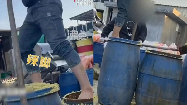 맨발로 절임 통 밟는 쏸차이 공장 작업자들.<br>

