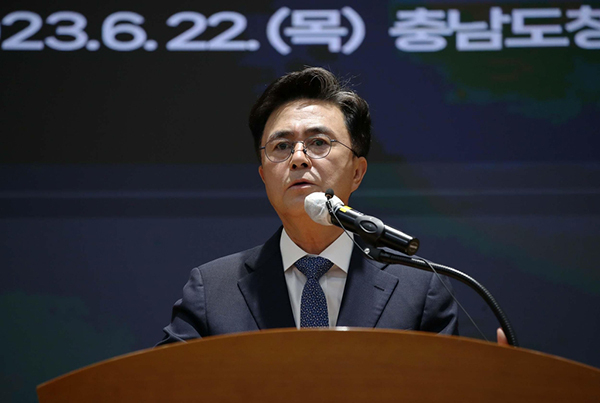 22일 충남도청에서 열린 '민선 8기 취임 1년 기자회견'에서 김태흠 충남지사가 발언하고 있다. <br>
