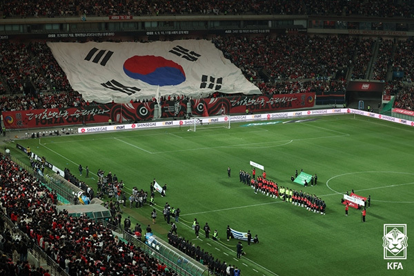 지난 3월 A매치 우루과이전에 사용된 붉은악마 태극기의 모습.<br>
