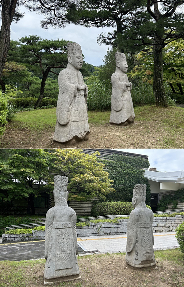 국립청주박물관 야외 정원에 전시된 다양한 석인상 모습. 뒷모습에서도 섬세한 표현과 조형미를 볼 수 있다. 