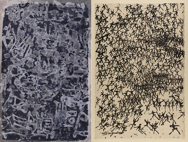 이응노, 구성, 1964, 종이에 수묵, 90×56cm, 일본 개인소장(왼쪽), 이응노, 군상, 1985, 종이에 수묵, 97.1×67.6cm, 체르누스키 미술관, 파리 시립 아시아 미술관 소장<br>
