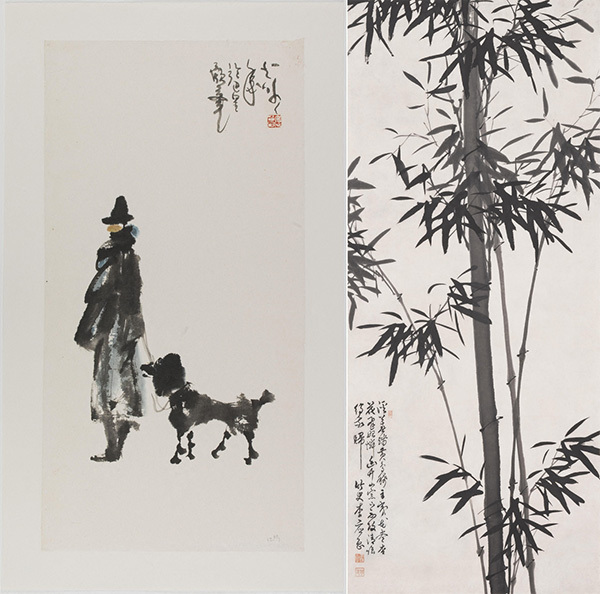 이응노, 파리 사람, 1976, 종이에 수묵, 66.2×34.2cm, 체르누스키 미술관, 파리 시립 아시아 미술관(왼쪽), 이응노, 대죽, 1932, 종이에 수묵, 161.5×68cm, 이응노미술관 소장