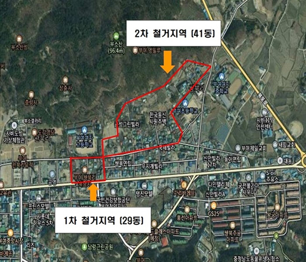 부여 관북리유적(사비 왕궁터) 철거 구역도<br>
