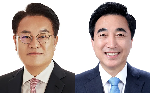 정진석(사진 왼쪽) 국민의힘 의원과 박수현 전 청와대 국민소통비서관<br>
