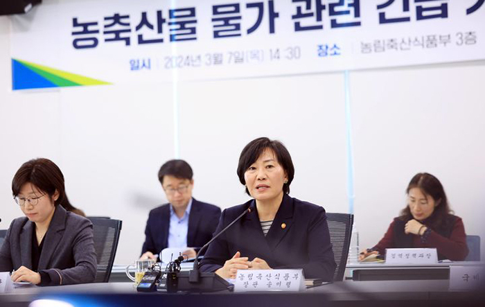 송미령 농림축산식품부 장관이 7일 정부세종청사에서 농산물 물가 안정 방안과 관련한 긴급 기자 간담회를 주재하고 있다.<br>
