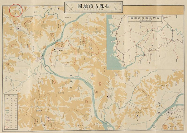 1934년 제작된 것으로 추정되는 부여 고적 지도. 좌측 상단 빨간색 원이 '금공리 사지' 