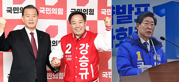홍문표 의원과 손 잡은 강승규(왼쪽) 후보와 양승조 후보<br>
