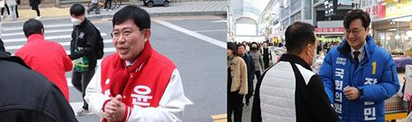 선거 운동 중인 국민의힘 윤창현, 민주당 장철민 후보<br>
