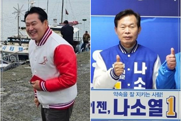 왼쪽부터 장동혁 국민의힘 후보, 나소열 더불어민주당 후보<br>
