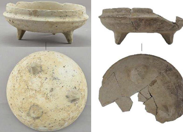 백제 토기(삼족기) 비교. 왼쪽은 충주 장미산성에서 출토된 토기, 오른쪽은 서울 풍납토성에서 출토된 유물<br>
