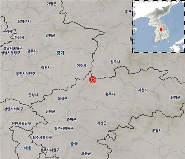 7일 새벽 지진이 발생한 충북 충주시 북서쪽 22㎞ 지역.<br>
