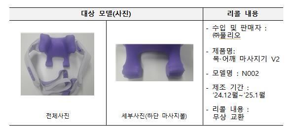 리콜 대상 풀리오 목·어깨 마사지기<br>
