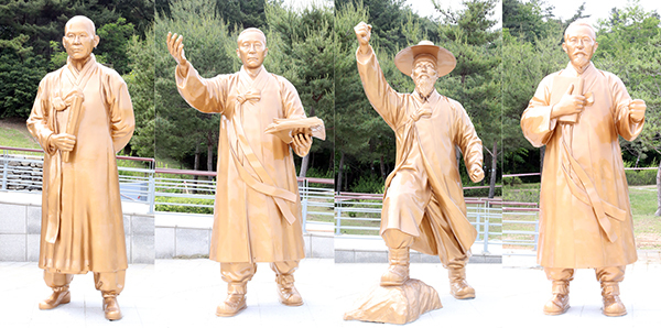 충남 출신 독립운동가 한용운·이종일·민종식·이상재 선생 동상 (사진 좌로부터)<br>
