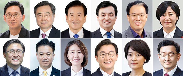윗줄 왼쪽부터 배경훈 과학기술정보통신부 장관 후보자, 조현 외교부 장관 후보자, 정동영 통일부 장관 후보자, 권오을 국가보훈부 장관 후보자, 유임된 송미령 농림축산식품부 장관. 아래 줄 왼쪽부터 김성환 환경부 장관 후보자, 김영훈 고용노동부 장관 후보자, 강선우 여성가족부 장관 후보자, 전재수 해양수산부 장관 후보자, 한성숙 중소벤처기업부 장관 후보자, 국무조정실장에 임명된 윤창렬 LG글로벌 전략개발원장.