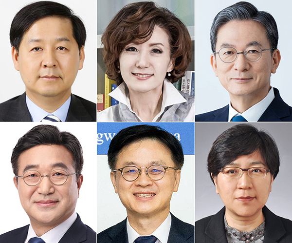 사진 왼쪽 위부터 구윤철 기획재정부 장관 후보자, 이진숙 교육부 장관 후보자, 정성호 법무부 장관 후보자. 사진 왼쪽 아래부터 윤호중 행정안전부 장관 후보자, 김정관 산업통상자원부 장관 후보자, 정은경 보건복지부 장관 후보자.<br>
