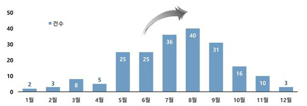 월별 살모넬라 식중독 발생 현황('20~'24 누계)<br>
