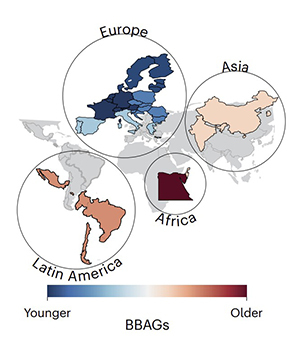 대륙별 생물학적 나이-실제 나이 차이(BBAG). 유럽 국가들은 생물학적 나이(biological age)가 실제 나이(chronological age)보다 젊은 건강한 노화(healthy ageing) 비율이 높았으나, 이집트와 남아프리카공화국 같은 저소득 국가는 생물학적 나이가 실제 나이보다 많은 가속화된 노화(accelerated ageing)가 두드러졌다. 한국·중국·인도·이스라엘 등 연구에 포함된 아시아 4개국은 유럽보다는 노화가 빠르지만, 아프리카나 라틴아메리카보다는 가속화된 노화 정도가 낮았다.