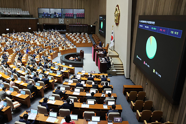 23일 국회 본회의에서 윤석열 정부 당시 재의요구권(거부권) 행사로 폐기됐던 '농업 4법' 가운데 농어업재해대책법 개정안이 통과되고 있다.<br>

