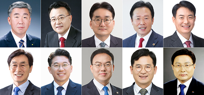 청주시장 후보군. 왼쪽부터 이범석 청주시장, 서승우 국힘 청주상당 당협위원장, 손인석 전 충북도 정무특보, 황영호 충북도의원, 김동원 국힘 청주흥덕 당협위원장, 이장섭 전 국회의원, 허창원 전 충북도의원, 박완희 청주시의원, 유행열 전 청와대 선임행정관, 김형근 전 한국가스안전공사 사장<br>
