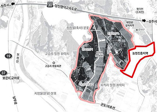 <strong>보은제3산단 위치도(빨간색 부분이 축소된 지역)</strong><br>
