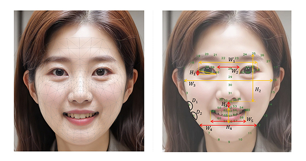 안면 특징점 추출 기술 적용 예시(왼쪽), 얼굴 부위별 6가지 노화 지표 정의 예시(오른쪽)
