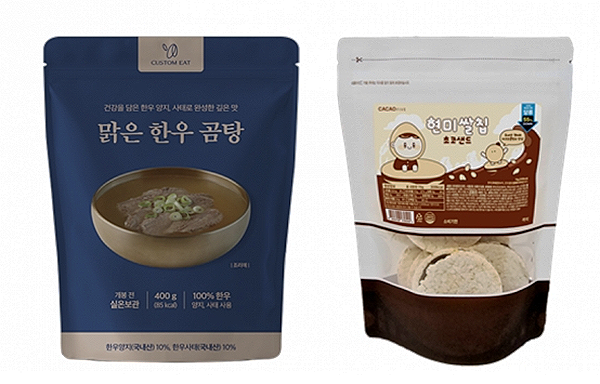 나트륨·당류를 줄인 올박스의 '맑은한우곰탕'(왼쪽)과 농업회사법인 카카오파이브의 '현미쌀칩초코샌드'.<br>
 